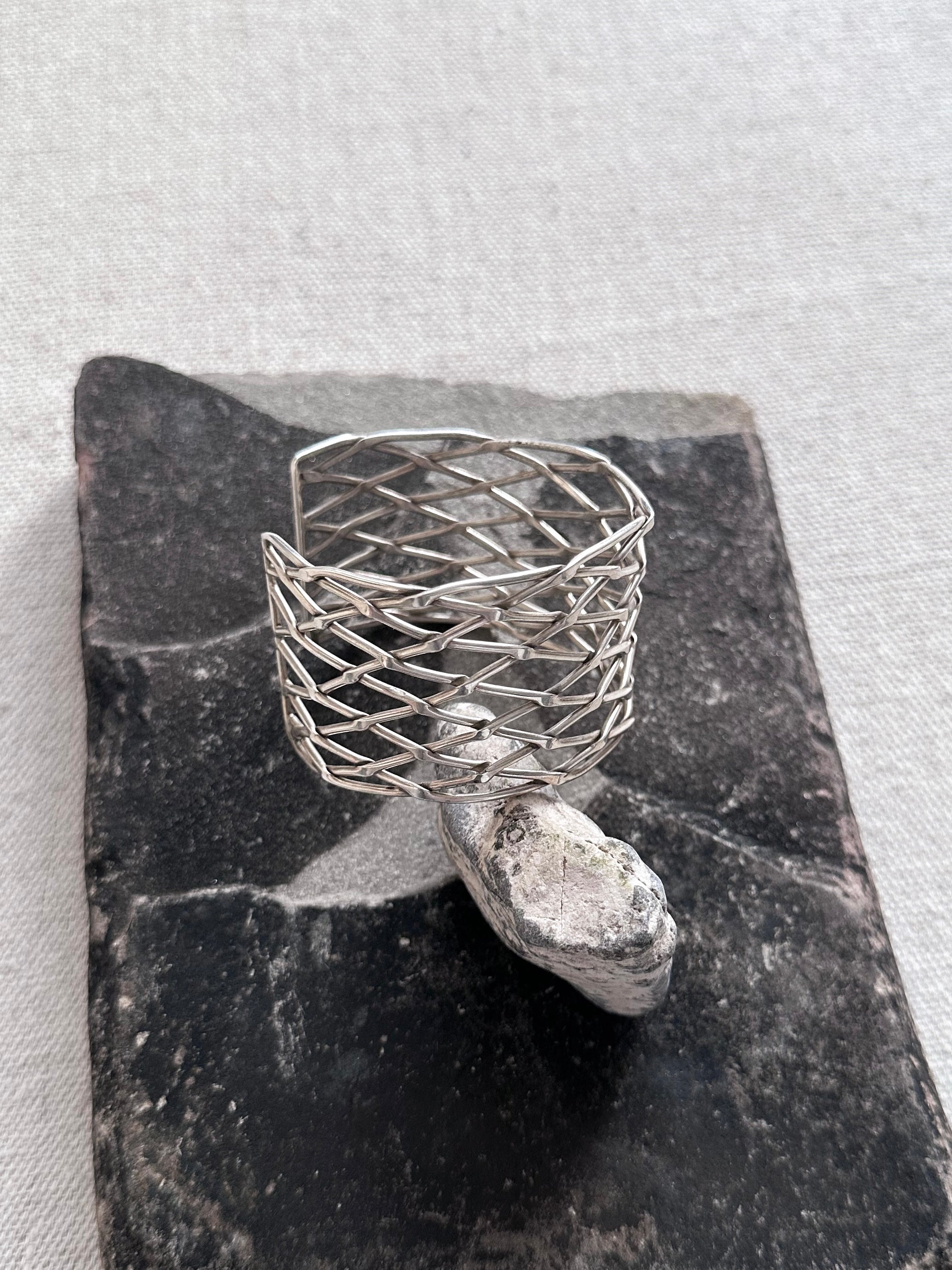 Vintage Sterling Silver Woven Cage Cuff
