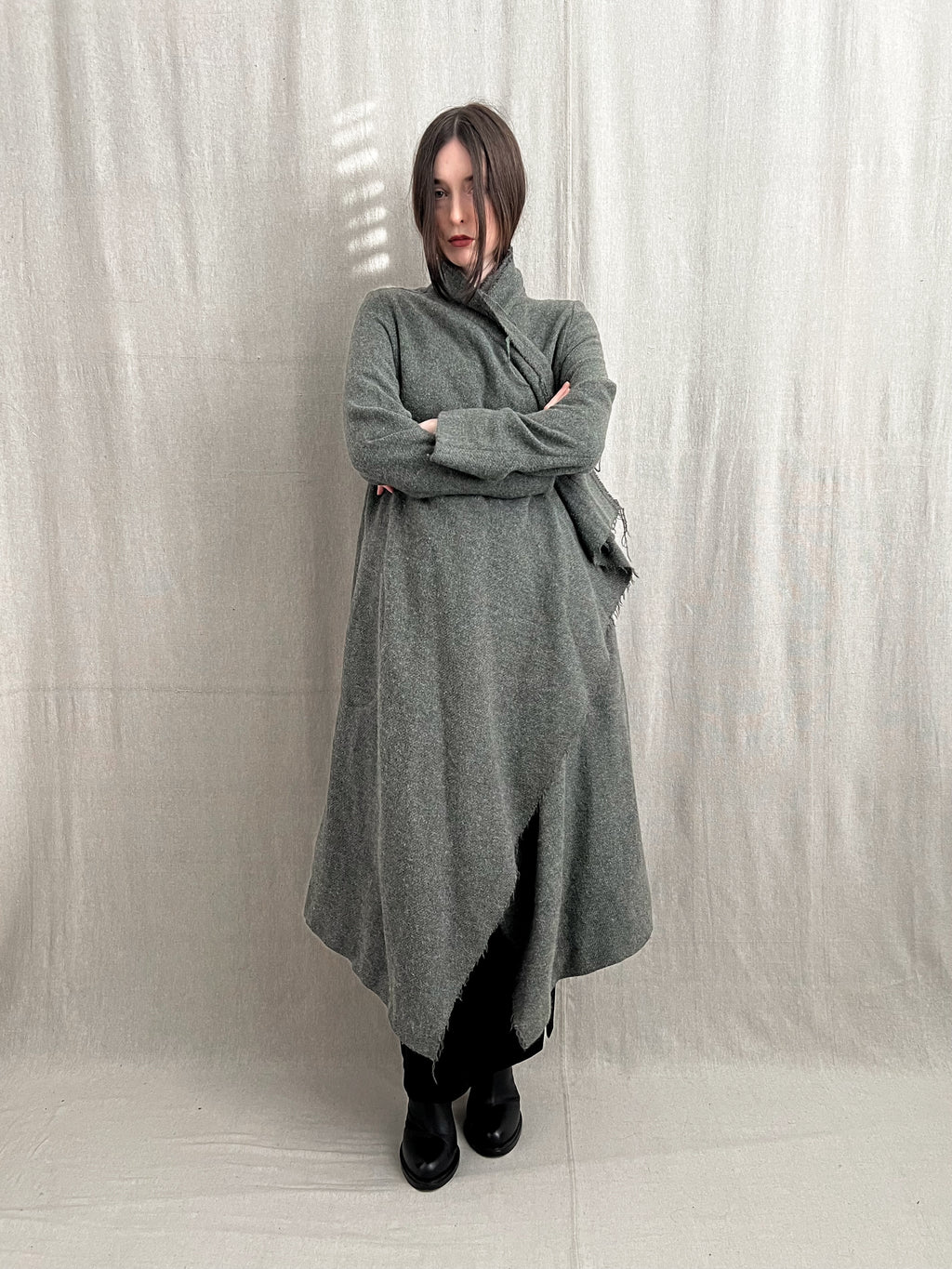 Lilith Paris Raw Hem Draped Mohair Wool Overcoat