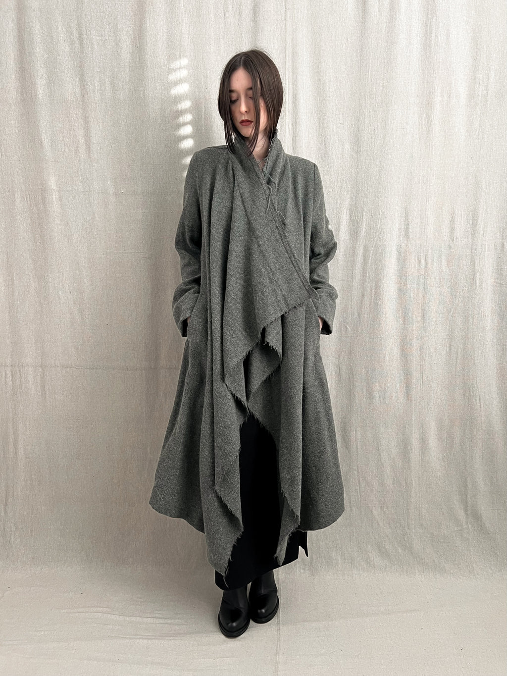 Lilith Paris Raw Hem Draped Mohair Wool Overcoat