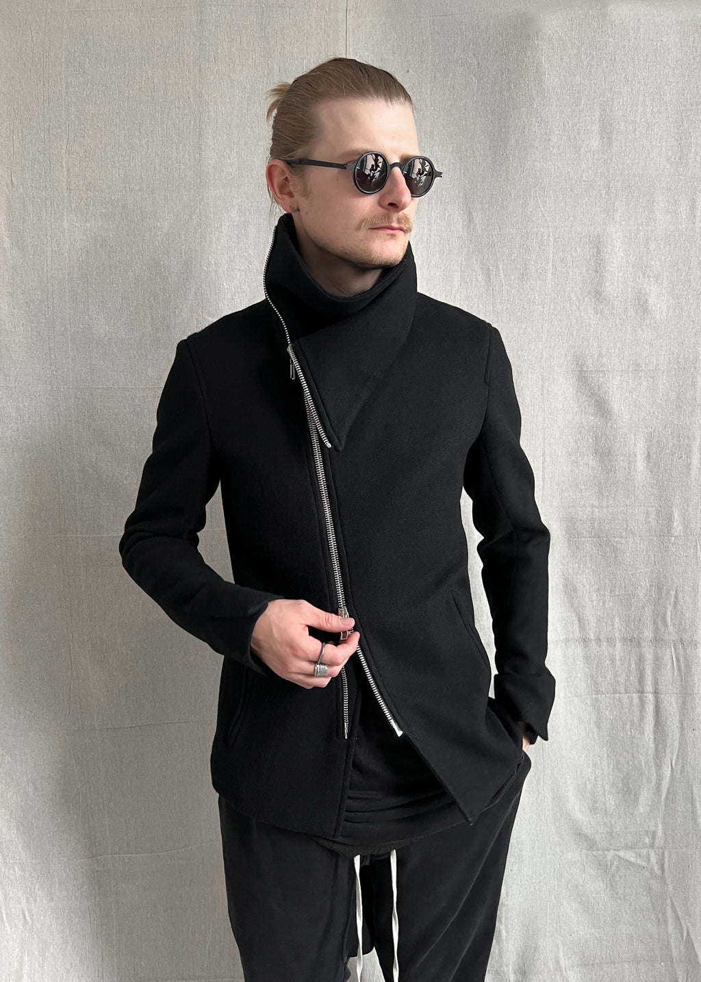 Japanese Designer Avant-Garde Asymmetric Zip Cowl Collared Coat